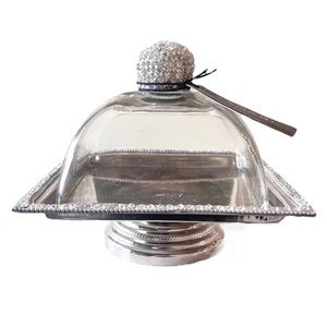 Tahari Home Bling Crystal GLASS Cheese DOME Server New On Pedestal 7.5” X 7.5”